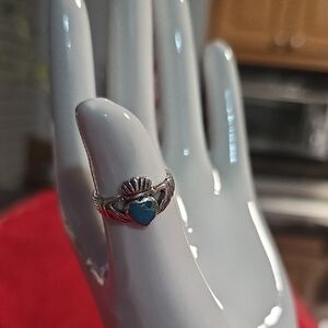 925 Sterling Silver Heart/Hands Turquoise~Sz 7.5